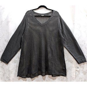 Fishnet Knit V-Neck Sweater Tunic 3X Charcoal Gray Gothic Punk Cozy Layering